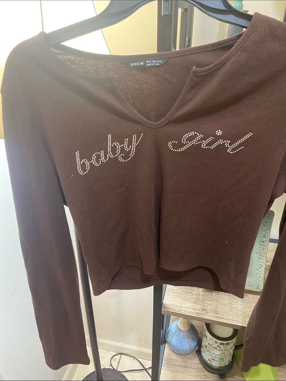 SHEIN Brown Rhinestone 'baby girl' Ribbed Long Sleeve Top